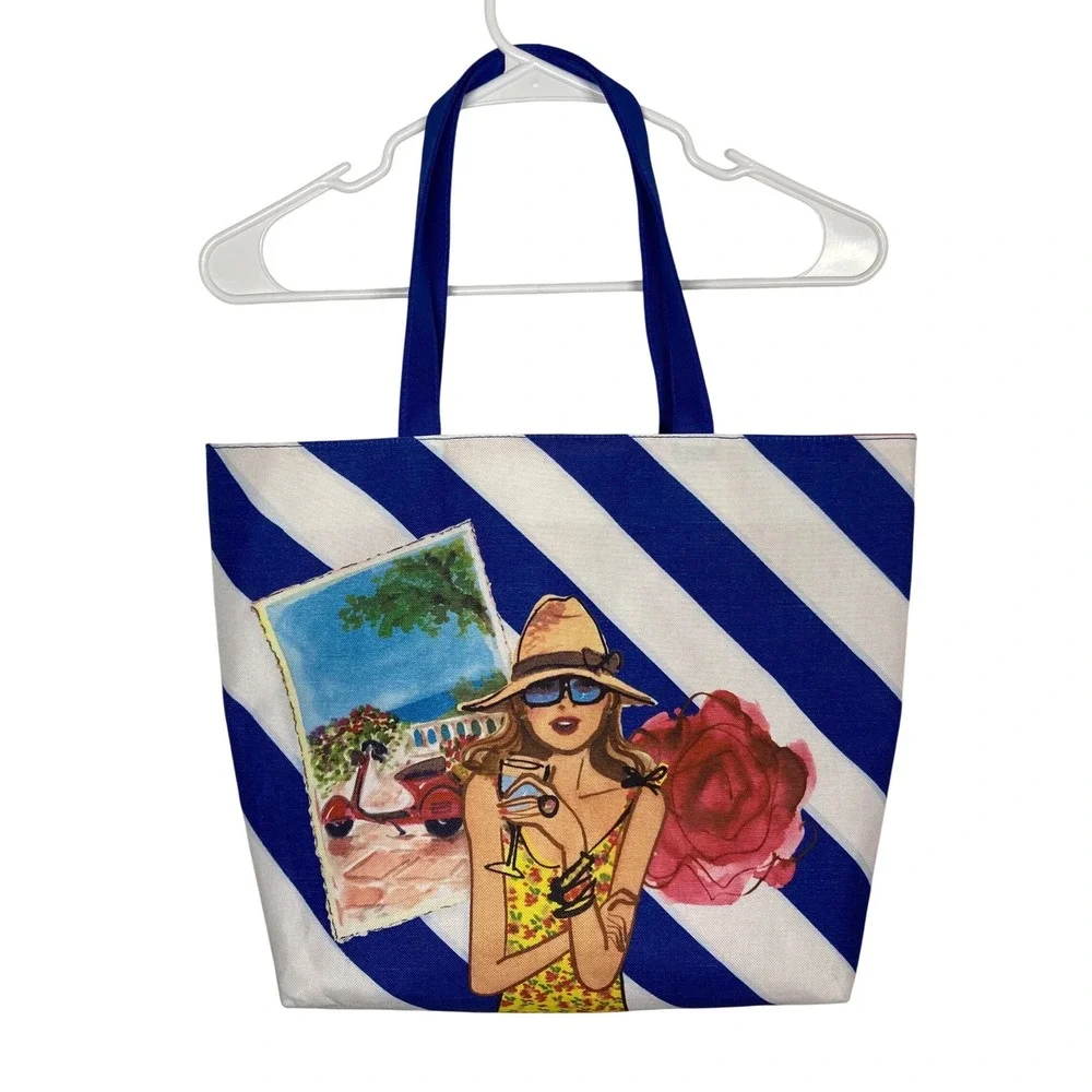 Lancôme Paris Blue White Striped Tote Bag Beach Travel‎ Shopper Graphic